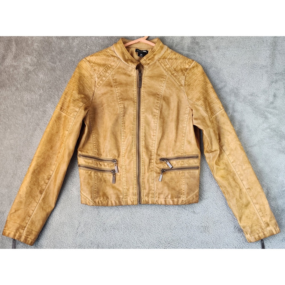 Fashion Nova Jacket Womens Medium Tan Faux Leather Full Zip Biker Moto Retro
